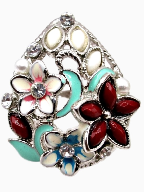 Vintage Jewelry - Vintage Floral Multicolor Enamel Pear Shaped Statement Ring Turquoise Red White